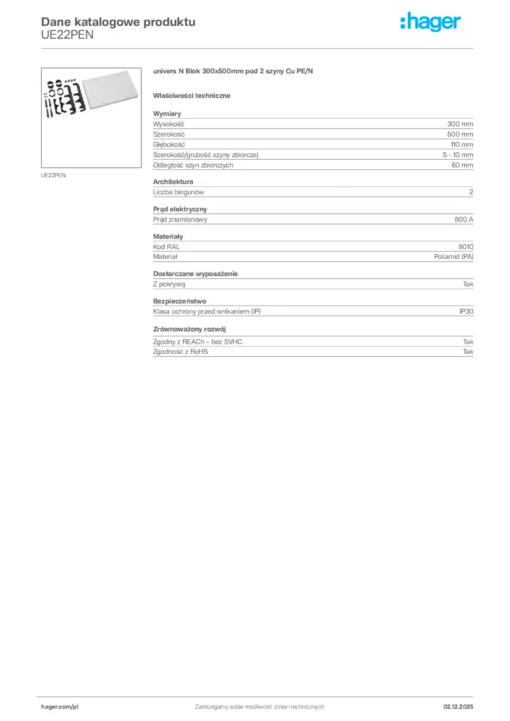 Zdjęcie Hager Dane katalogowe produktu UE22PEN | Hager Polska