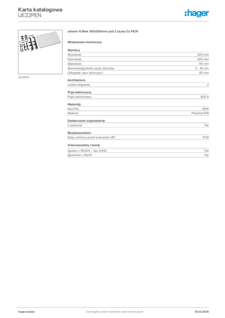 Zdjęcie Hager Karta katalogowa UE22PEN | Hager Polska