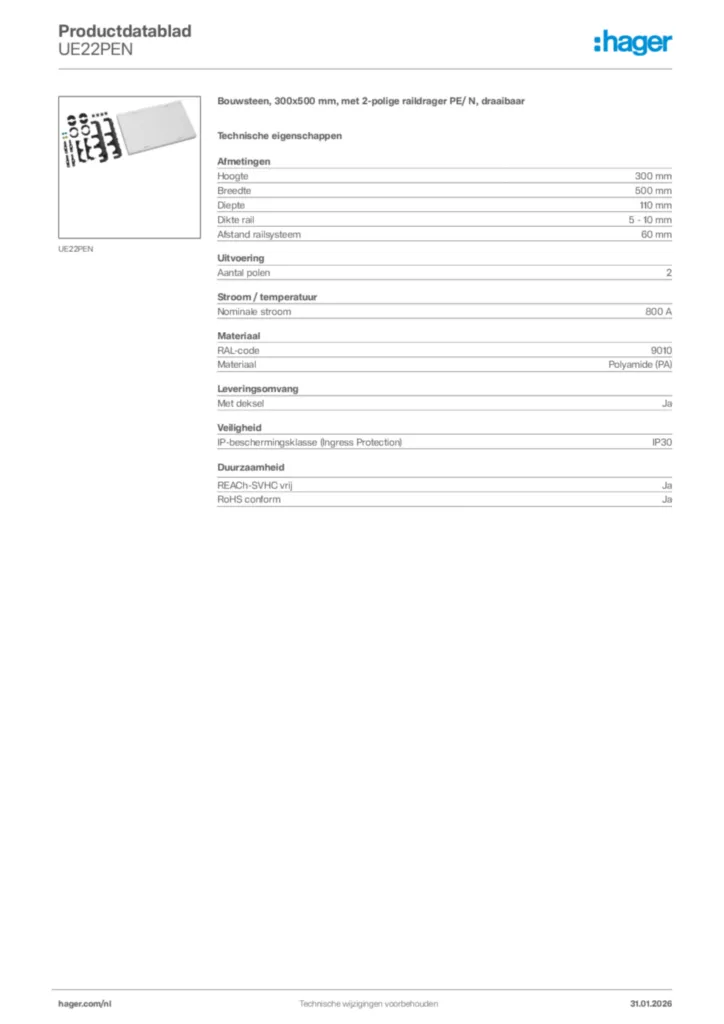 Afbeelding Hager Productdatablad UE22PEN | Hager Nederland