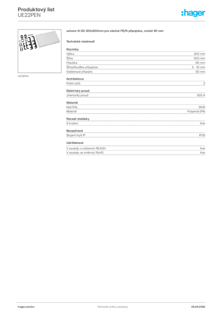 Obrázek Hager Produktový list UE22PEN | Hager