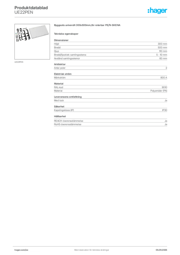 Bild Hager Produktdatablad UE22PEN | Hager Sverige