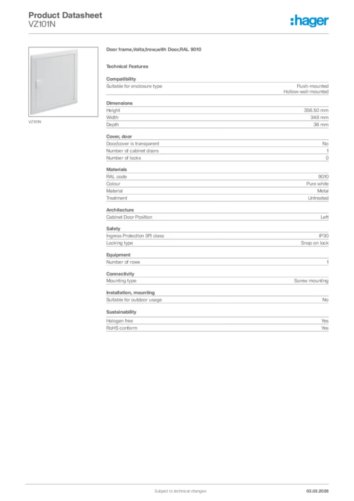 Image Hager Product data sheet VZ101N  | Hager Africa