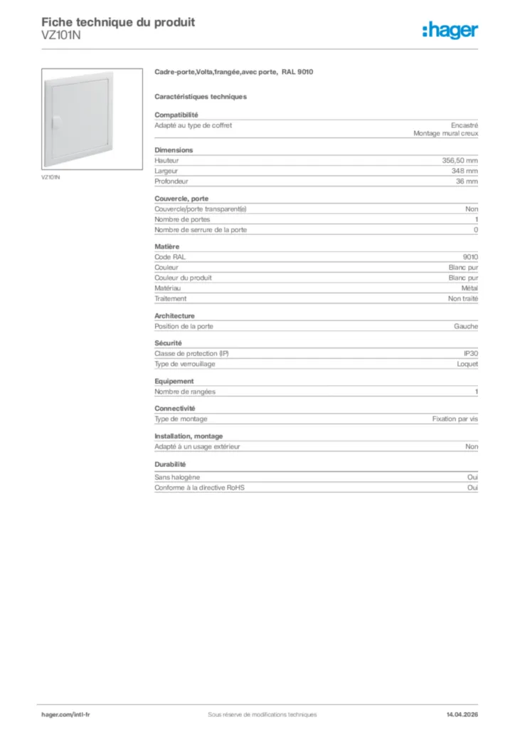 Image Hager Fiche technique du produit VZ101N | Hager Afrique
