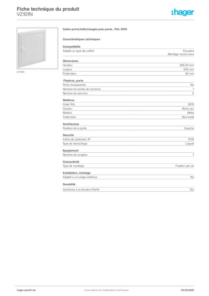 Image Hager Fiche technique du produit VZ101N | Hager Belgique