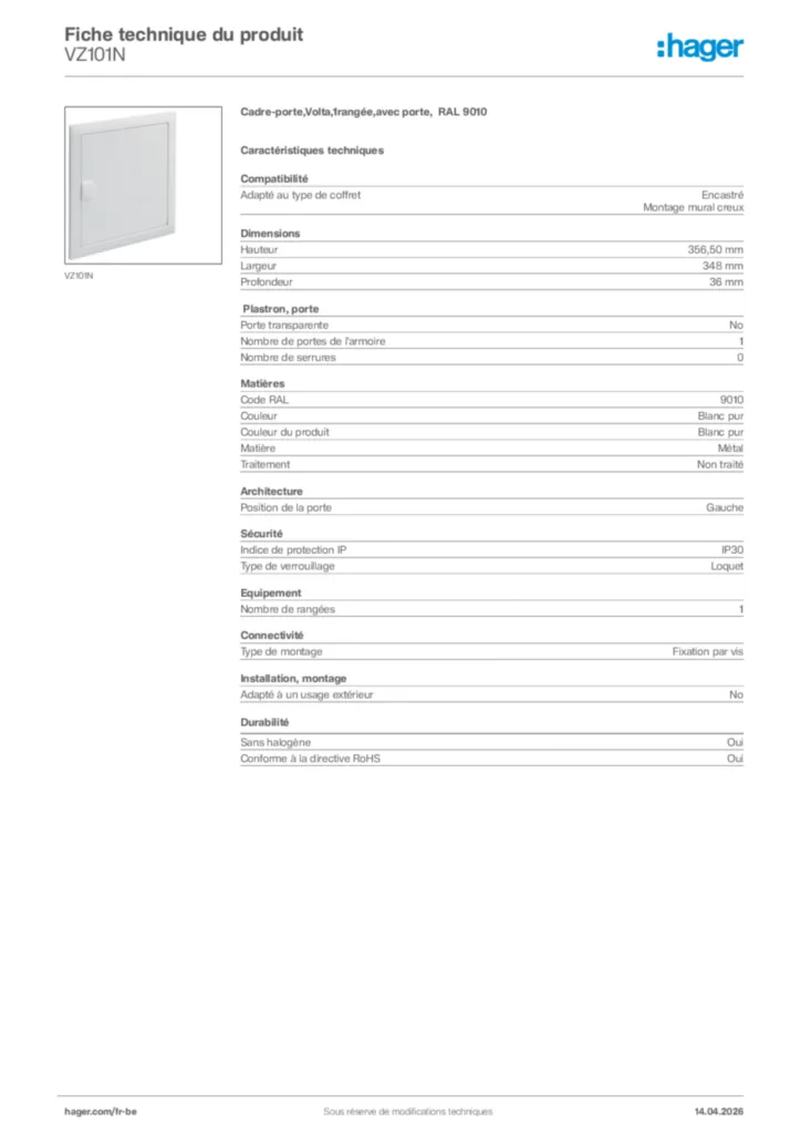 Image Hager Fiche technique du produit VZ101N | Hager Belgique