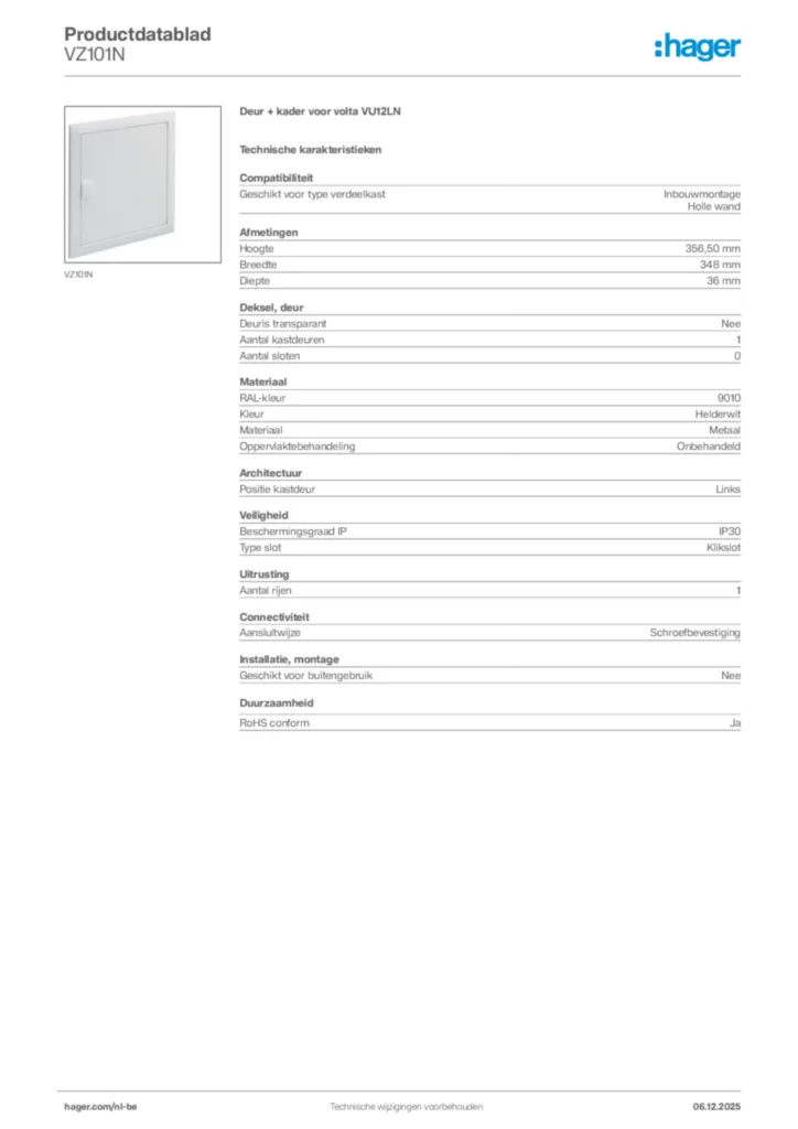 Afbeelding Hager Productdatablad VZ101N | Hager Belgium
