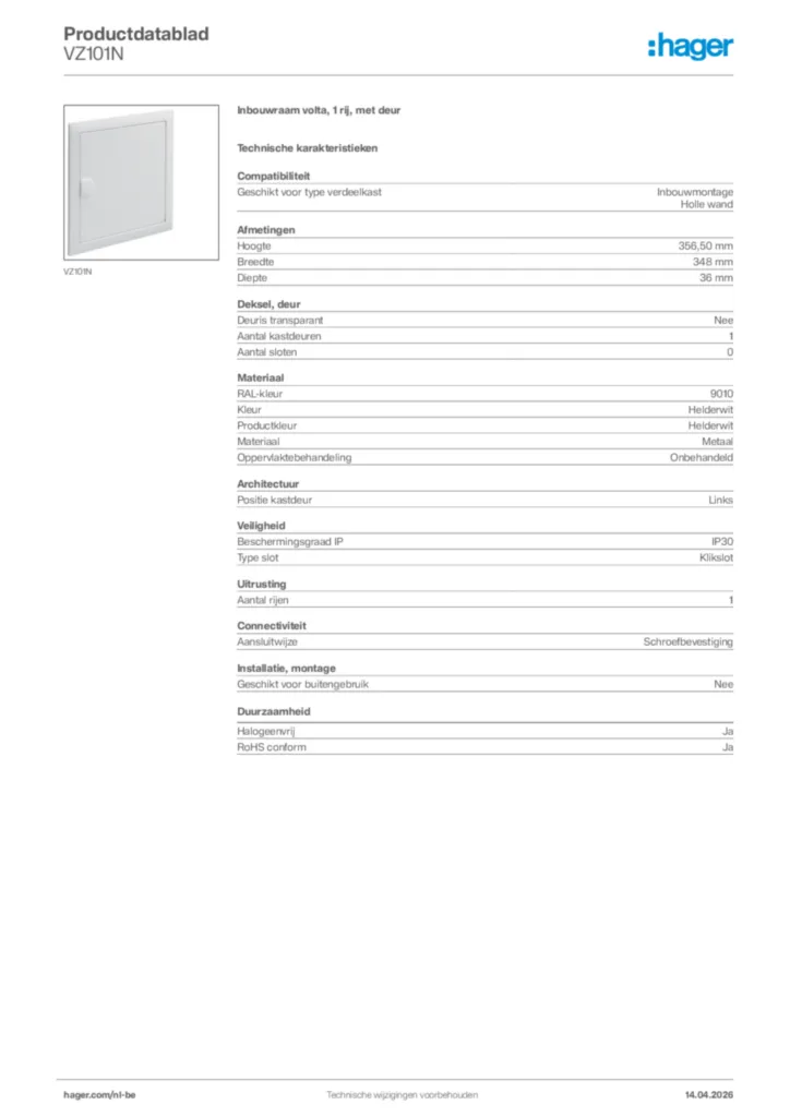 Afbeelding Hager Productdatablad VZ101N | Hager Belgium