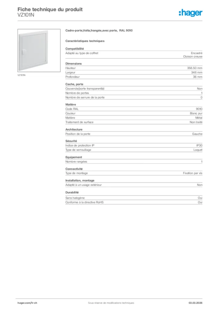 Image Hager Fiche technique du produit VZ101N | Hager Suisse