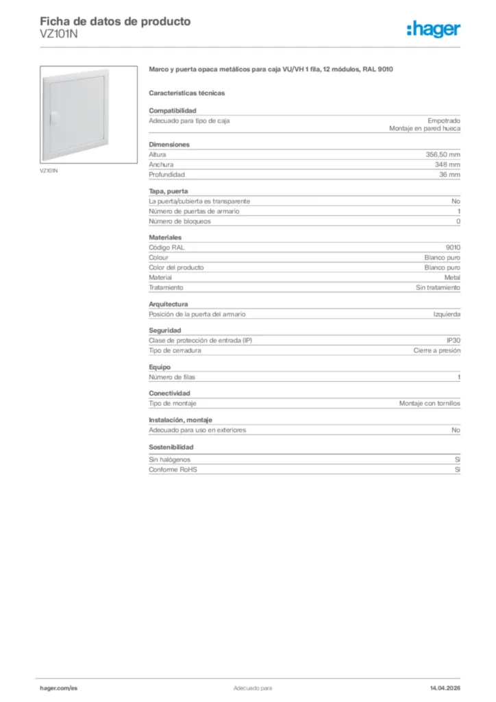 Imagen Hager Ficha de datos de producto VZ101N | Hager España