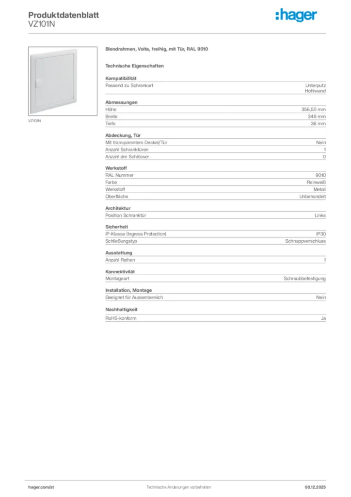 Bild Hager Produktdatenblatt VZ101N | Hager Deutschland