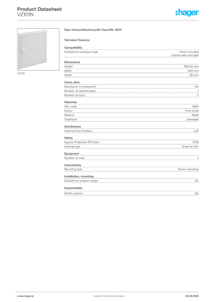 Image Hager Product data sheet VZ101N  | Hager