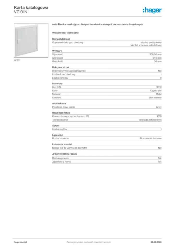 Zdjęcie Hager Karta katalogowa VZ101N | Hager Polska