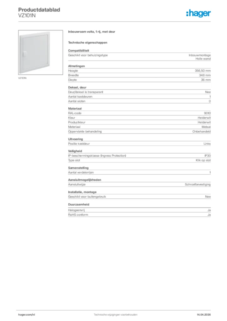 Afbeelding Hager Productdatablad VZ101N | Hager Nederland