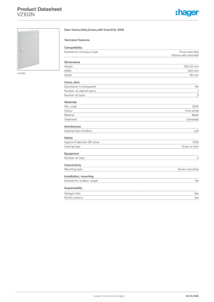 Image Hager Product data sheet VZ102N  | Hager Africa