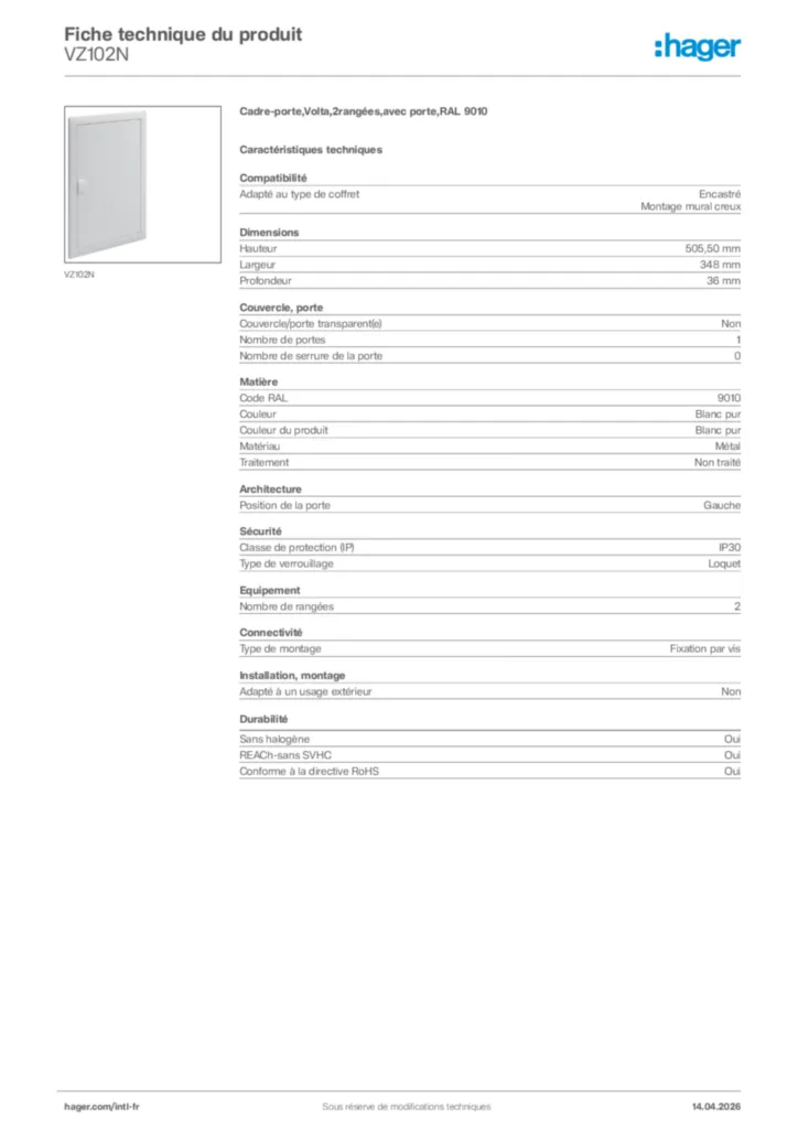 Image Hager Fiche technique du produit VZ102N | Hager Afrique