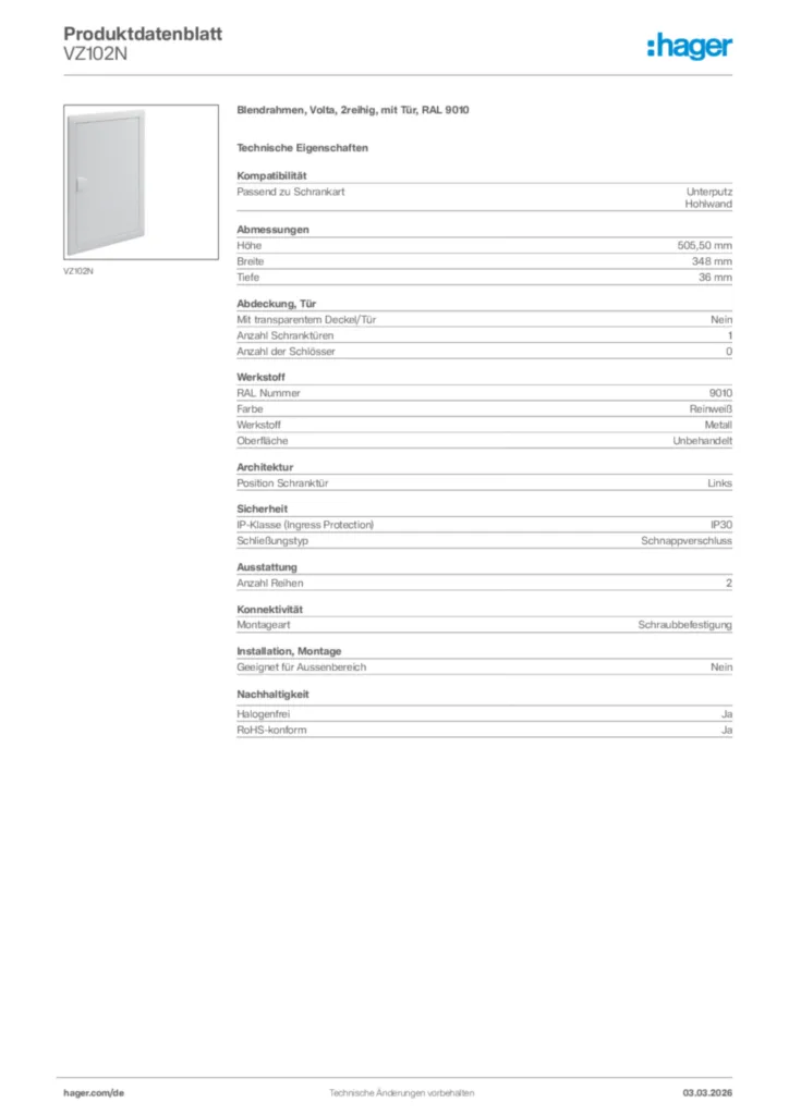 Bild Hager Produktdatenblatt VZ102N | Hager Deutschland