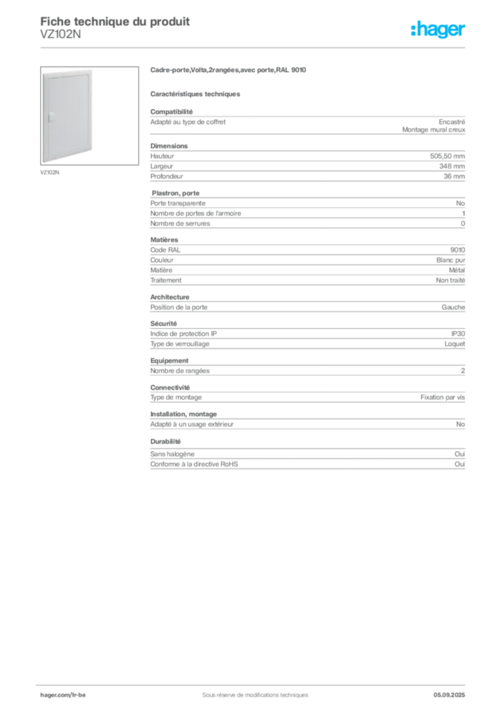Image Hager Fiche technique du produit VZ102N | Hager Belgique