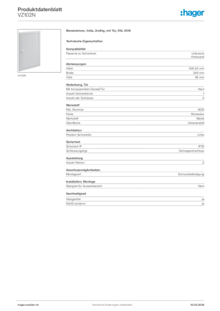 Bild Hager Produktdatenblatt VZ102N | Hager Schweiz