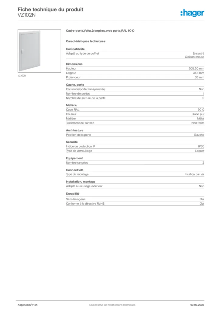 Image Hager Fiche technique du produit VZ102N | Hager Suisse