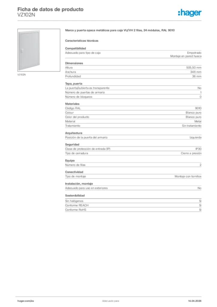Imagen Hager Ficha de datos de producto VZ102N | Hager España