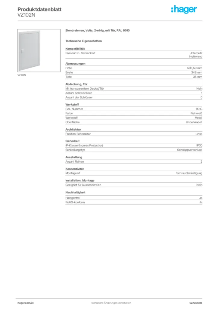Bild Hager Produktdatenblatt VZ102N | Hager Deutschland