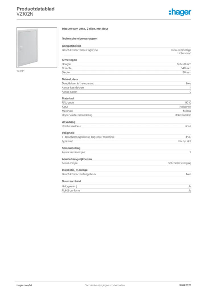 Afbeelding Hager Productdatablad VZ102N | Hager Nederland