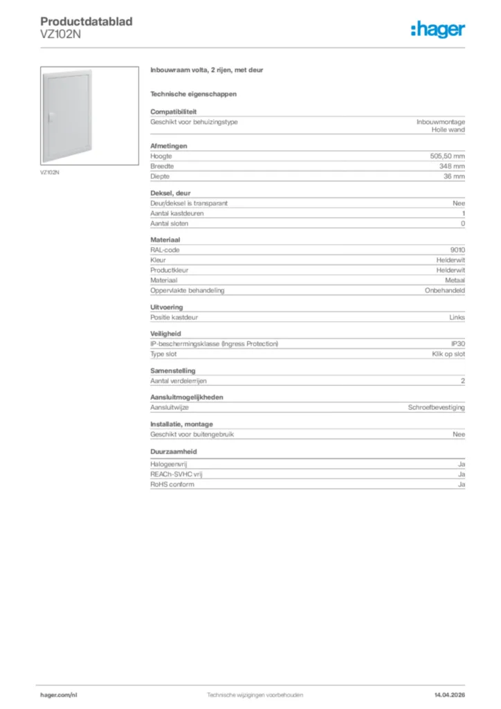Afbeelding Hager Productdatablad VZ102N | Hager Nederland