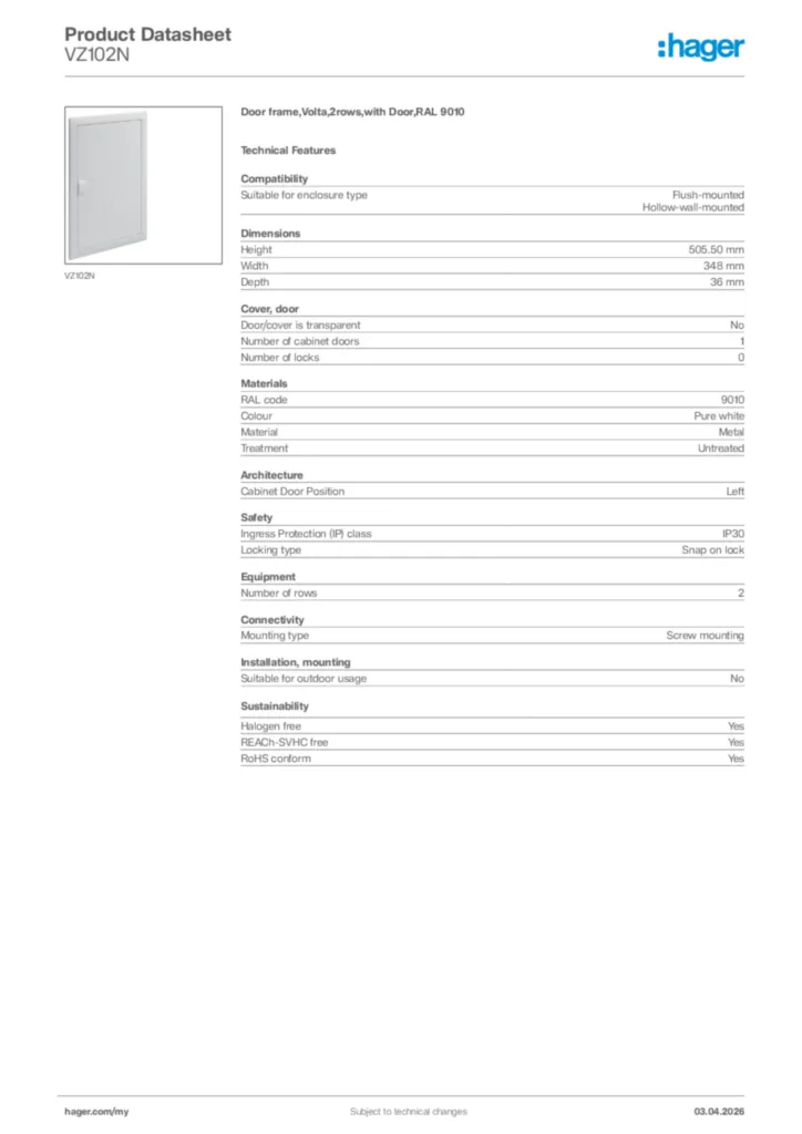 Image Hager Product data sheet VZ102N  | Hager