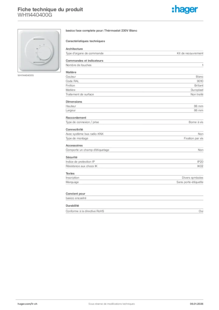 Image Hager Fiche technique du produit WH11440400G | Hager Suisse