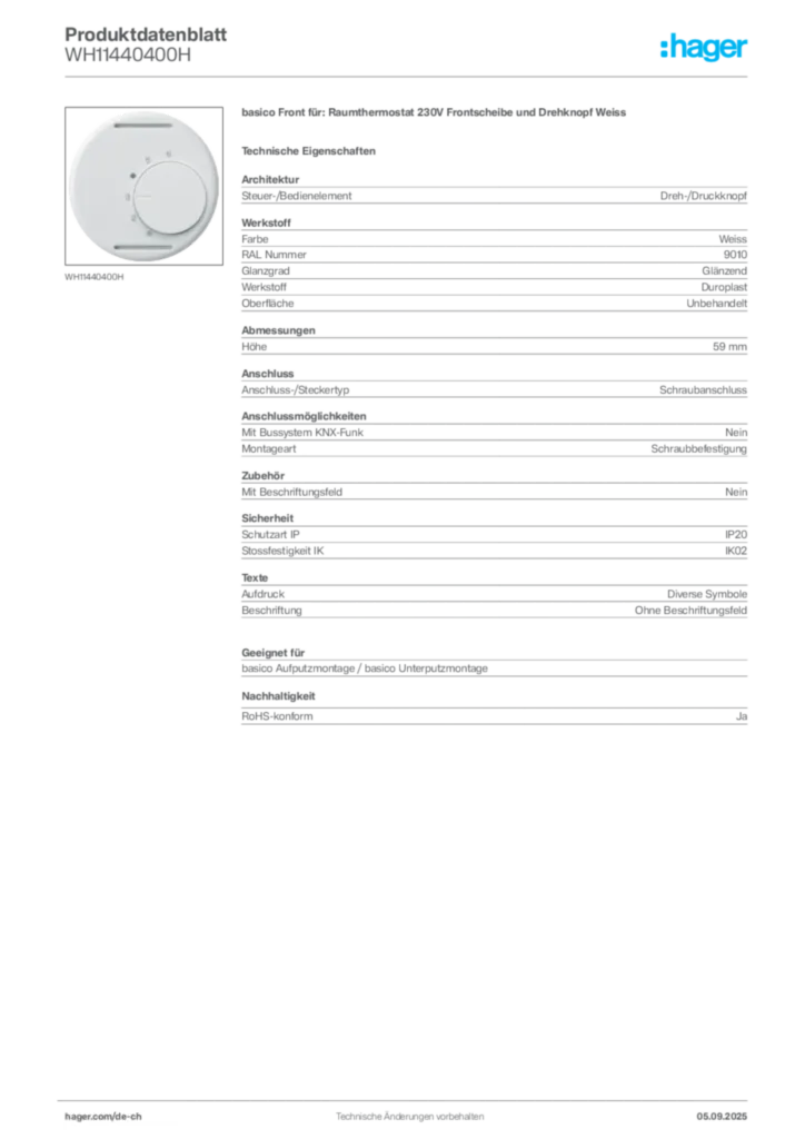 Bild Hager Produktdatenblatt WH11440400H | Hager Schweiz