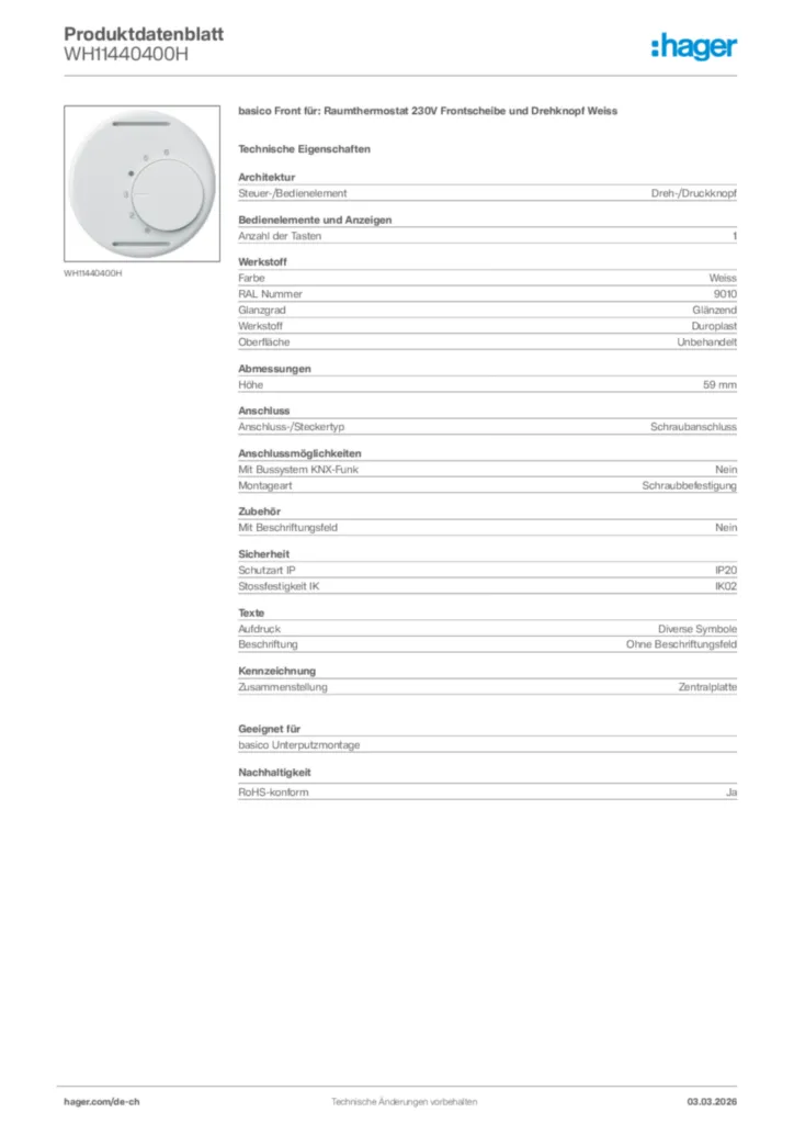 Bild Hager Produktdatenblatt WH11440400H | Hager Schweiz