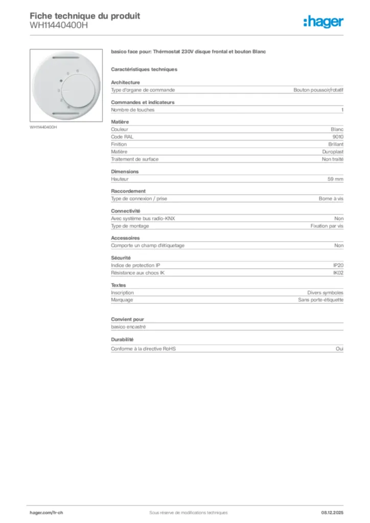 Image Hager Fiche technique du produit WH11440400H | Hager Suisse