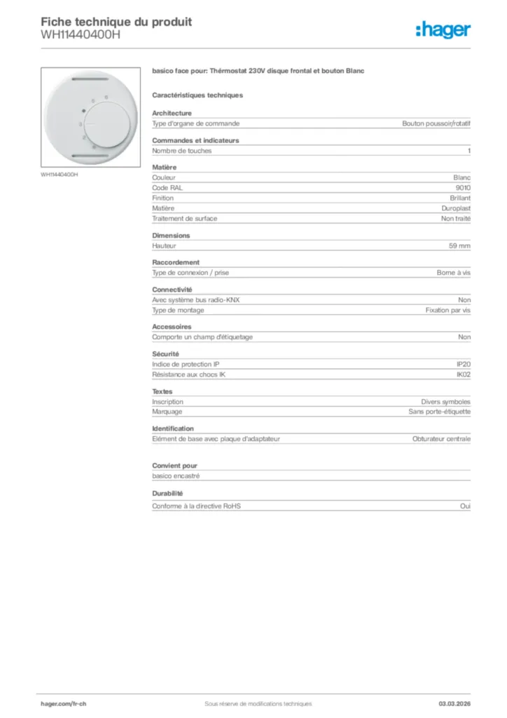 Image Hager Fiche technique du produit WH11440400H | Hager Suisse