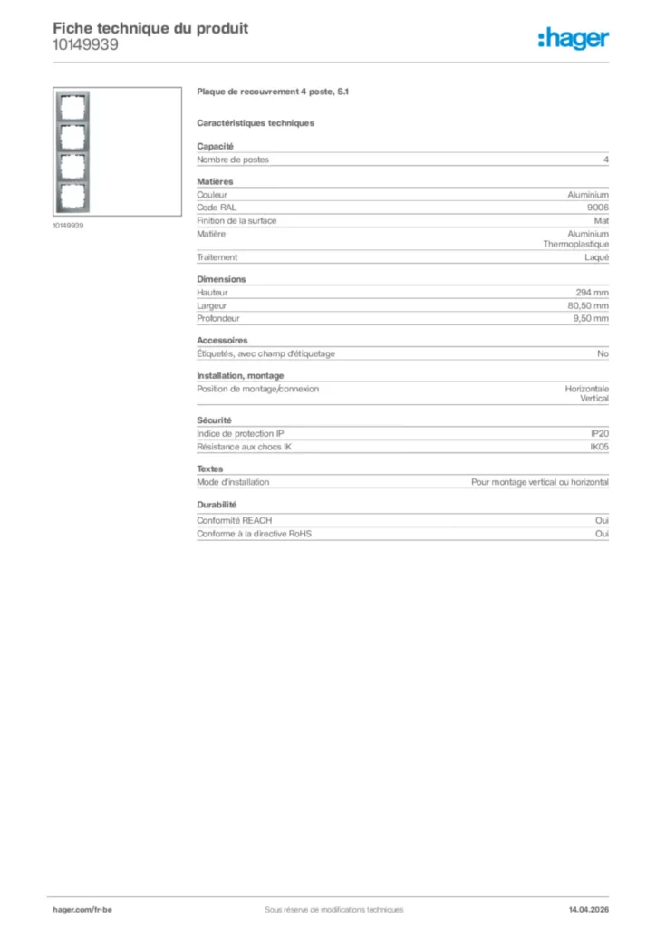 Image Hager Fiche technique du produit 10149939 | Hager Belgique