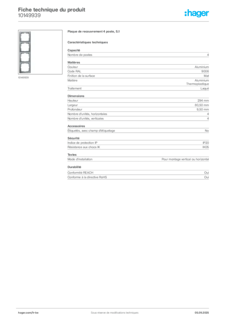Image Hager Fiche technique du produit 10149939 | Hager Belgique