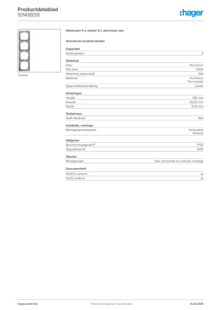 Afbeelding Hager Productdatablad 10149939 | Hager Belgium