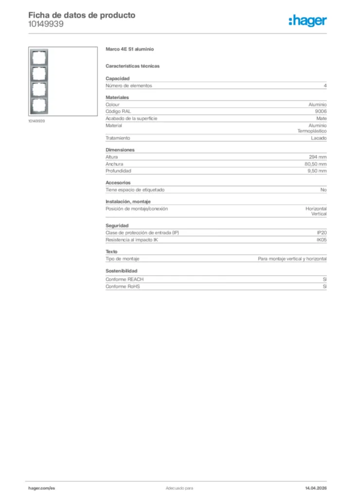 Imagen Hager Ficha de datos de producto 10149939 | Hager España