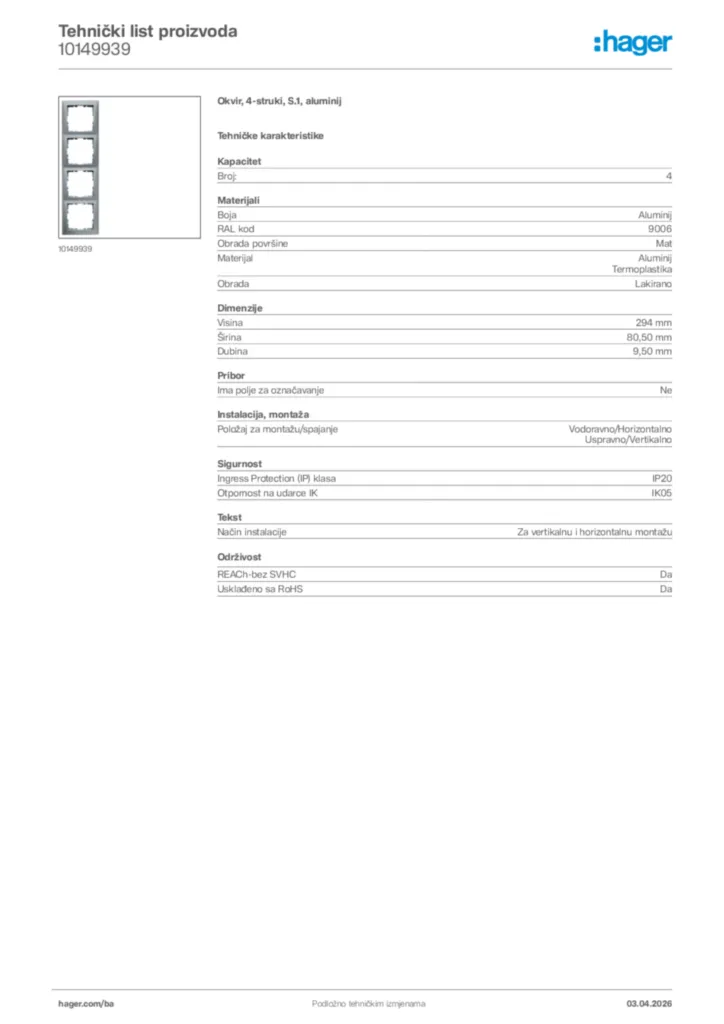 Slika Hager Tehnički list proizvoda 10149939  | Hager