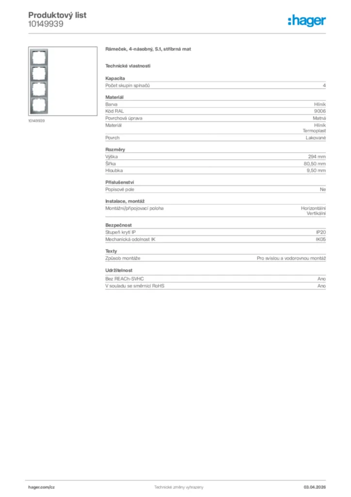 Obrázek Hager Product data sheet 10149939 | Hager