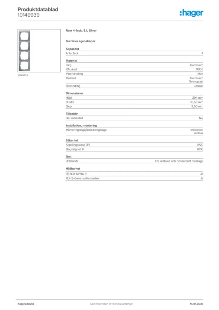 Bild Hager Produktdatablad 10149939 | Hager Sverige
