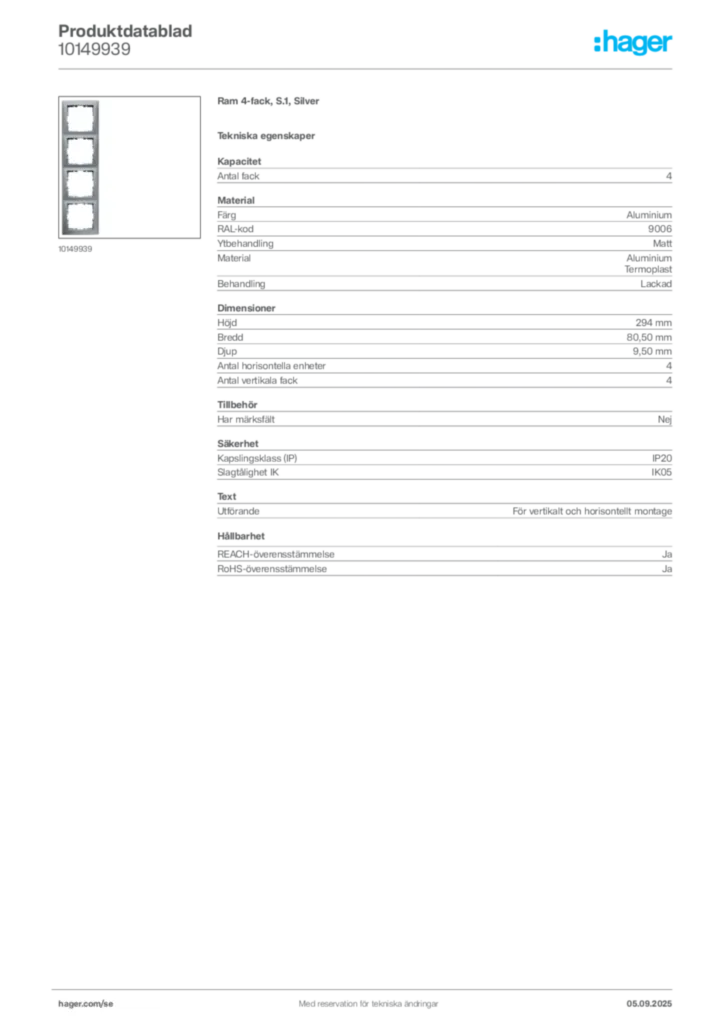 Bild Hager Produktdatablad 10149939 | Hager Sverige
