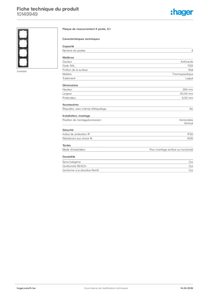 Image Hager Fiche technique du produit 10149949 | Hager Belgique