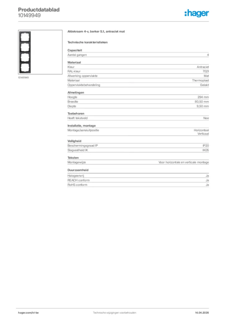 Afbeelding Hager Productdatablad 10149949 | Hager Belgium