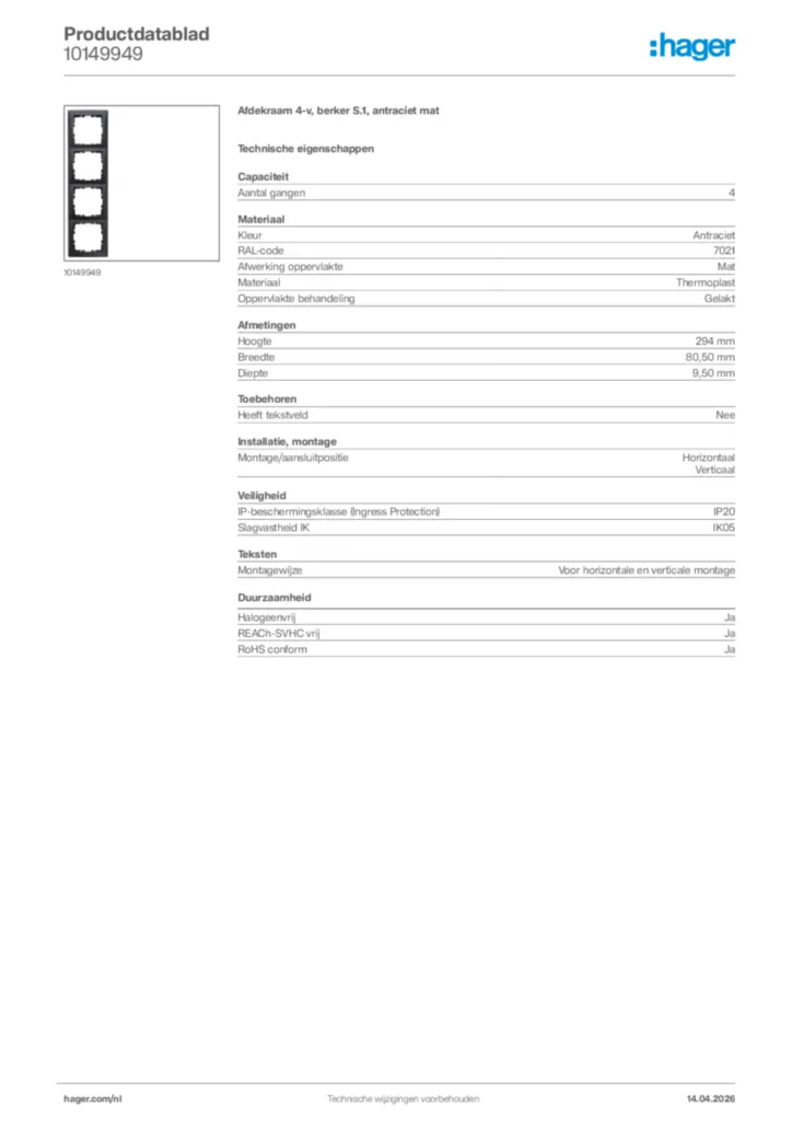 Afbeelding Hager Productdatablad 10149949 | Hager Nederland