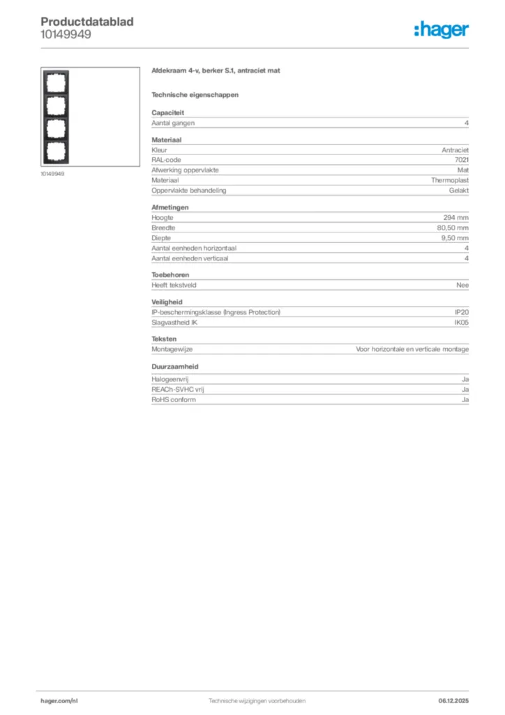 Afbeelding Hager Productdatablad 10149949 | Hager Nederland