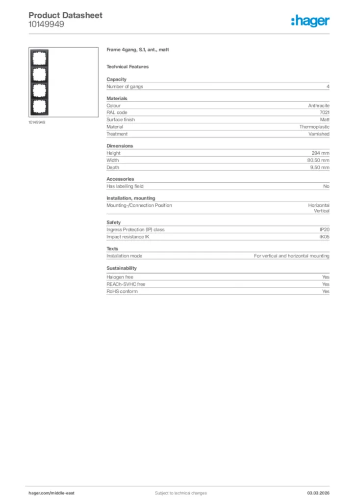 Image Hager Product data sheet 10149949  | Hager