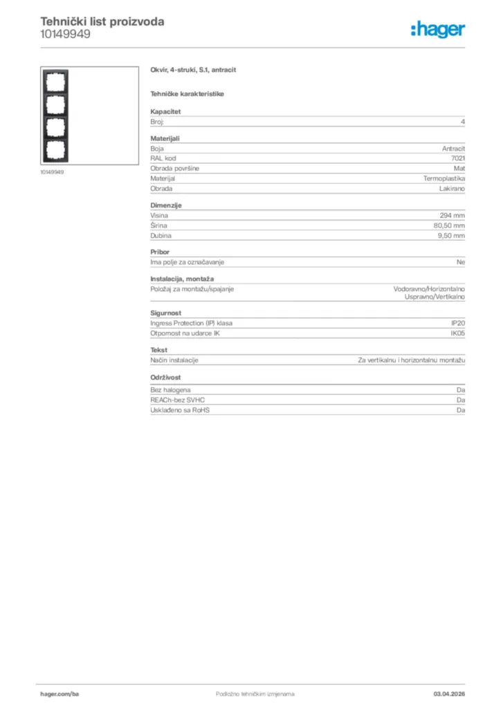Slika Hager Tehnički list proizvoda 10149949  | Hager