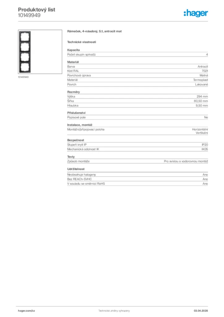 Obrázek Hager Product data sheet 10149949 | Hager