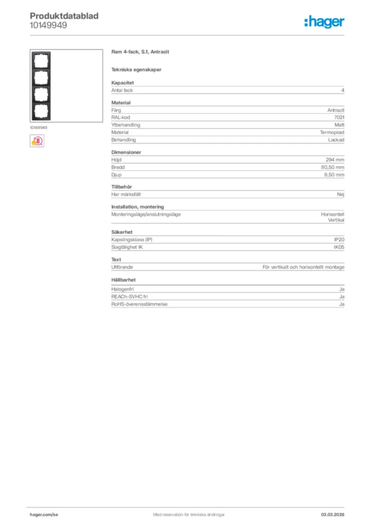Bild Hager Produktdatablad 10149949 | Hager Sverige