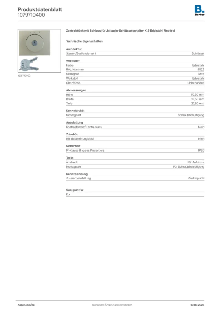 Bild Berker Produktdatenblatt 1079710400 | Hager Deutschland